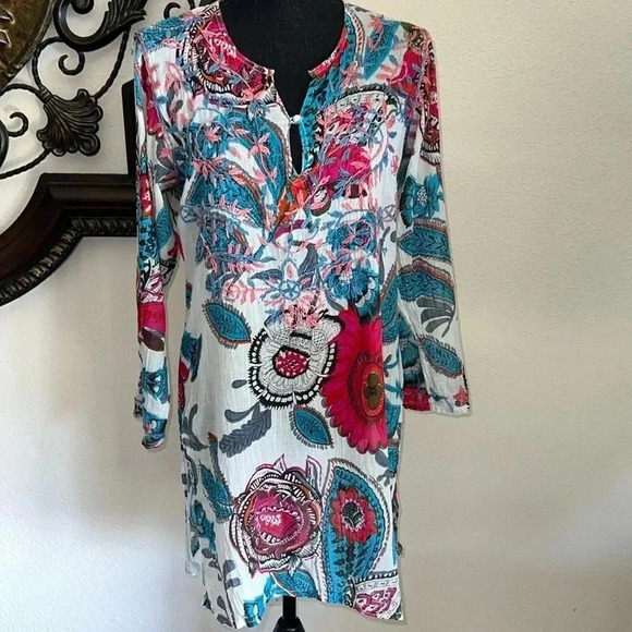 Raj Women's Hand Embroidered Floral Paisley Tunic Dress Beach Cover Up Medium - Picture 1 of 14